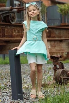 Kız Çocuk Sıfır Kol Asimetik Kesim Kemerli Turkuaz Tunik Şortlu Takım