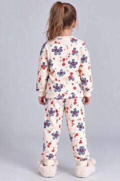Kız Çocuk Üzeri Papatya ve Kiraz Desenli Bilekleri Lastikli Krem Pijama Takımı