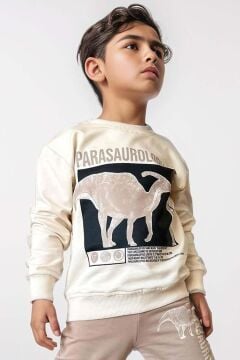 Erkek Çocuk Göğsünde Parasaurolophus Digital ve Yazı Baskılı Bej Eşofman Takım
