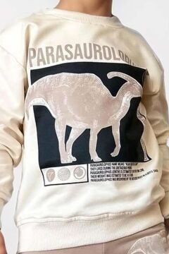 Erkek Çocuk Göğsünde Parasaurolophus Digital ve Yazı Baskılı Bej Eşofman Takım