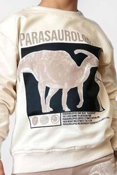 Erkek Çocuk Göğsünde Parasaurolophus Digital ve Yazı Baskılı Bej Eşofman Takım