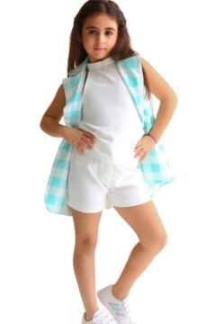Kız Çocuk Halter Yaka Ekose Baskılı Düğme Detaylı Su Yeşili Şortlu Takım