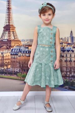 Kız Çocuk Kalın Askılı Düğme Detaylı Crop Üzeri Dantel İşlemeli Yeşil Uzun Etekli Takım