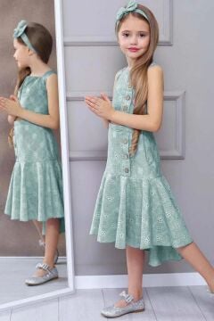 Kız Çocuk Kalın Askılı Düğme Detaylı Crop Üzeri Dantel İşlemeli Yeşil Uzun Etekli Takım