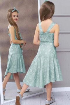 Kız Çocuk Kalın Askılı Düğme Detaylı Crop Üzeri Dantel İşlemeli Yeşil Uzun Etekli Takım