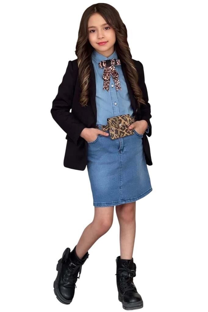 Kız Çocuk Leopar Desenli Fiyonk Detaylı Kot Gömlek Siyah Blazer Ceket Etekli Takım