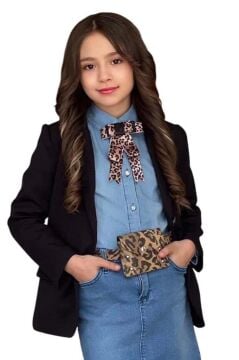Kız Çocuk Leopar Desenli Fiyonk Detaylı Kot Gömlek Siyah Blazer Ceket Etekli Takım