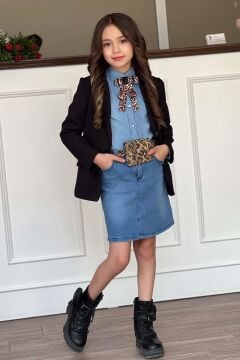 Kız Çocuk Leopar Desenli Fiyonk Detaylı Kot Gömlek Siyah Blazer Ceket Etekli Takım