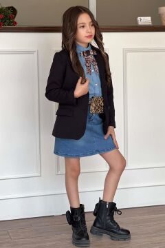 Kız Çocuk Leopar Desenli Fiyonk Detaylı Kot Gömlek Siyah Blazer Ceket Etekli Takım