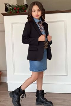 Kız Çocuk Leopar Desenli Fiyonk Detaylı Kot Gömlek Siyah Blazer Ceket Etekli Takım