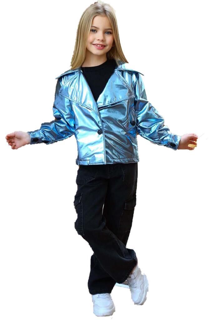 Kız Çocuk Parlak Ceket ve Jean Kargo Cepli Pantolon Mavi Alt Üst Takım