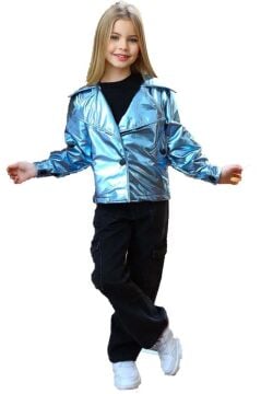 Kız Çocuk Parlak Ceket ve Jean Kargo Cepli Pantolon Mavi Alt Üst Takım