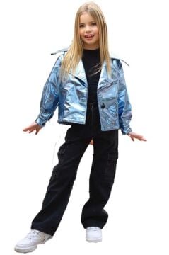 Kız Çocuk Parlak Ceket ve Jean Kargo Cepli Pantolon Mavi Alt Üst Takım