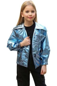 Kız Çocuk Parlak Ceket ve Jean Kargo Cepli Pantolon Mavi Alt Üst Takım