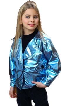 Kız Çocuk Parlak Ceket ve Jean Kargo Cepli Pantolon Mavi Alt Üst Takım