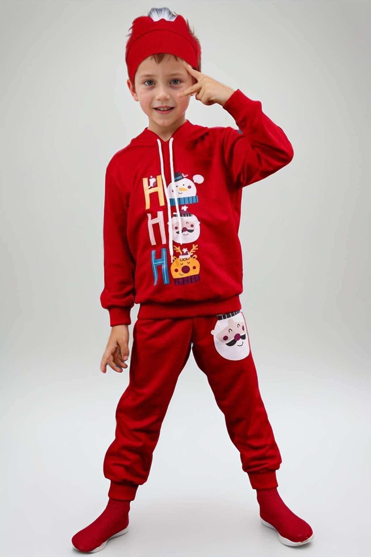 Kız Erkek Kardan Adam ve Yazı Baskılı Bereli Yeni Yıl Kırmızı Eşofman Takım