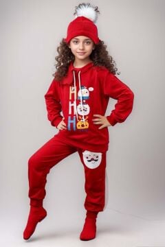 Kız Erkek Kardan Adam ve Yazı Baskılı Bereli Yeni Yıl Kırmızı Eşofman Takım