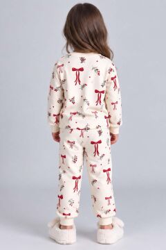 Kız Çocuk Üzeri Kurdela ve Kiraz Desenli Bilekleri Lastikli Krem Pijama Takımı