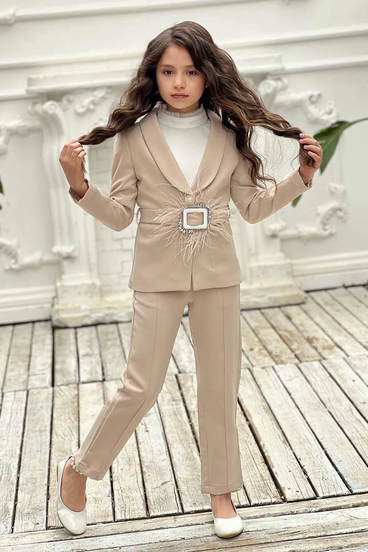 Kız Çocuk Yakası Fırfır Tüllü Dik Yaka Kazak Blazer Ceket Kırçılı Krem Alt Üst Takım