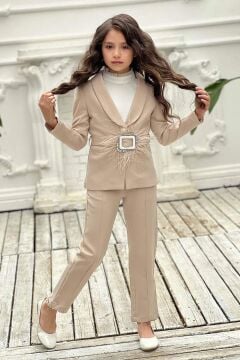 Kız Çocuk Yakası Fırfır Tüllü Dik Yaka Kazak Blazer Ceket Kırçılı Krem Alt Üst Takım