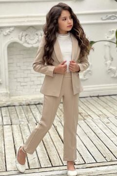 Kız Çocuk Yakası Fırfır Tüllü Dik Yaka Kazak Blazer Ceket Kırçılı Krem Alt Üst Takım