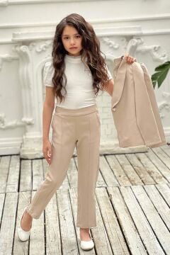 Kız Çocuk Yakası Fırfır Tüllü Dik Yaka Kazak Blazer Ceket Kırçılı Krem Alt Üst Takım