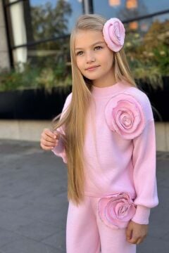 Kız Çocuk Balıkçı Yaka Omuzunda Gül Broşlu Kazak Bol Kesim Pembe Triko Alt Üst Takım