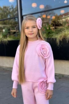 Kız Çocuk Balıkçı Yaka Omuzunda Gül Broşlu Kazak Bol Kesim Pembe Triko Alt Üst Takım