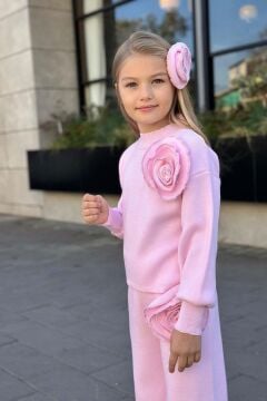 Kız Çocuk Balıkçı Yaka Omuzunda Gül Broşlu Kazak Bol Kesim Pembe Triko Alt Üst Takım