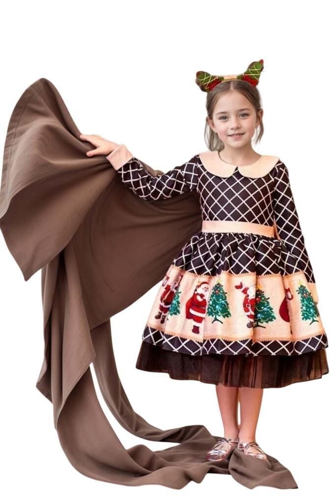 Kız Çocuk Ekose Detaylı Noel Baba Baskılı Bebe Yaka Noel Siyah Elbise