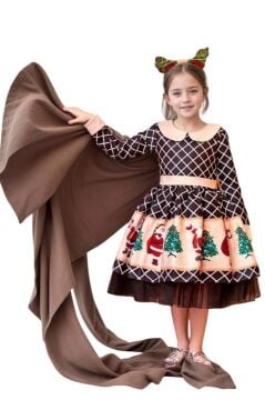 Kız Çocuk Ekose Detaylı Noel Baba Baskılı Bebe Yaka Noel Siyah Elbise