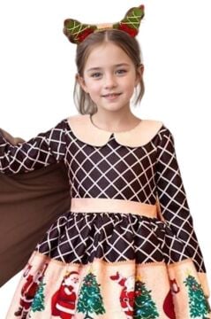 Kız Çocuk Ekose Detaylı Noel Baba Baskılı Bebe Yaka Noel Siyah Elbise