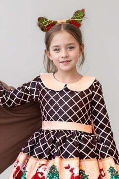 Kız Çocuk Ekose Detaylı Noel Baba Baskılı Bebe Yaka Noel Siyah Elbise