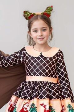 Kız Çocuk Ekose Detaylı Noel Baba Baskılı Bebe Yaka Noel Siyah Elbise
