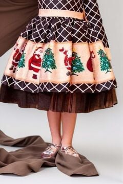 Kız Çocuk Ekose Detaylı Noel Baba Baskılı Bebe Yaka Noel Siyah Elbise