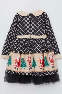 Kız Çocuk Ekose Detaylı Noel Baba Baskılı Bebe Yaka Noel Siyah Elbise