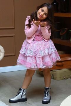 Kız Çocuk Blazer Ceketli Çiçek Baskılı Katkat Tüllü Sıfır Kol Pembe Elbise