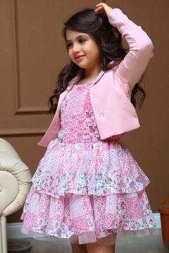 Kız Çocuk Blazer Ceketli Çiçek Baskılı Katkat Tüllü Sıfır Kol Pembe Elbise