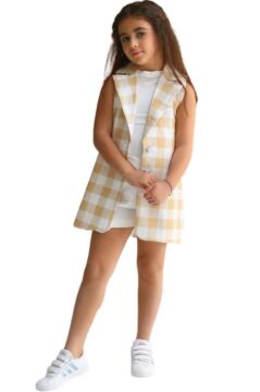 Kız Çocuk Halter Yaka Ekose Baskılı Düğme Detaylı Hardal Şortlu Takım