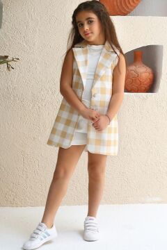 Kız Çocuk Halter Yaka Ekose Baskılı Düğme Detaylı Hardal Şortlu Takım