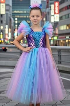 Kız Çocuk Omuzları Fırfır Tüllü Kare Yaka ve Üzeri Balık Pul Detaylı Kolsuz Abiye