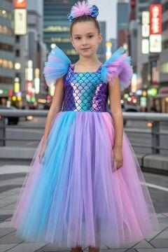 Kız Çocuk Omuzları Fırfır Tüllü Kare Yaka ve Üzeri Balık Pul Detaylı Kolsuz Abiye