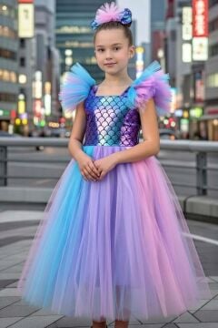 Kız Çocuk Omuzları Fırfır Tüllü Kare Yaka ve Üzeri Balık Pul Detaylı Kolsuz Abiye