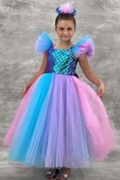 Kız Çocuk Omuzları Fırfır Tüllü Kare Yaka ve Üzeri Balık Pul Detaylı Kolsuz Abiye