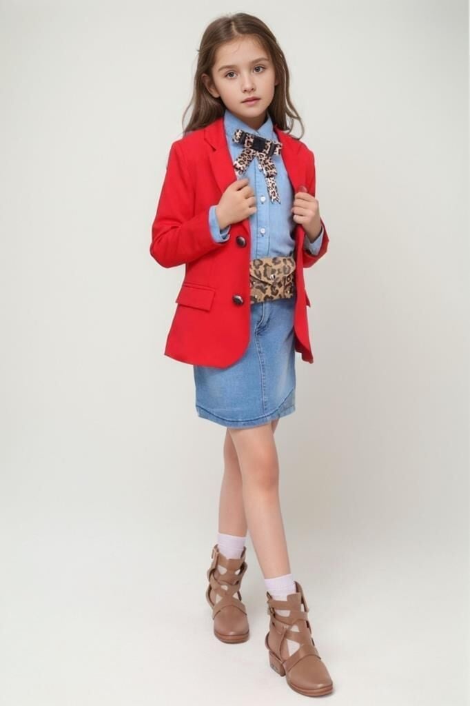 Kız Çocuk Leopar Desenli Fiyonk Detaylı Kot Gömlek Kırmızı Blazer Ceket Etekli Takım