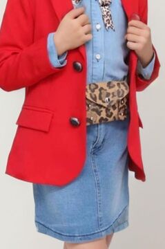 Kız Çocuk Leopar Desenli Fiyonk Detaylı Kot Gömlek Kırmızı Blazer Ceket Etekli Takım