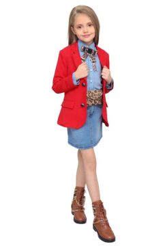 Kız Çocuk Leopar Desenli Fiyonk Detaylı Kot Gömlek Kırmızı Blazer Ceket Etekli Takım