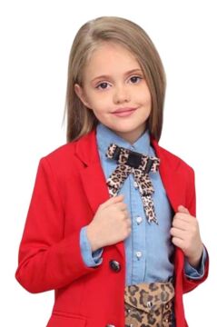 Kız Çocuk Leopar Desenli Fiyonk Detaylı Kot Gömlek Kırmızı Blazer Ceket Etekli Takım