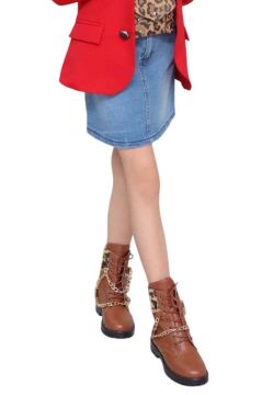 Kız Çocuk Leopar Desenli Fiyonk Detaylı Kot Gömlek Kırmızı Blazer Ceket Etekli Takım