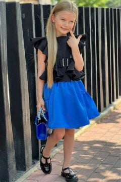 Kız Çocuk Asimetrik Kesim Kemer Detaylı Bluz Mavi Etekli Takım